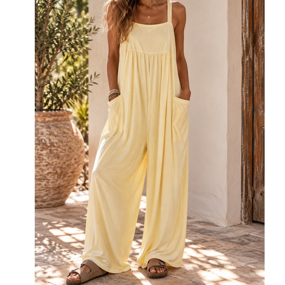 Free People Movement Hot Shot Jumpsuit Yellow Wide Leg Overalls Large